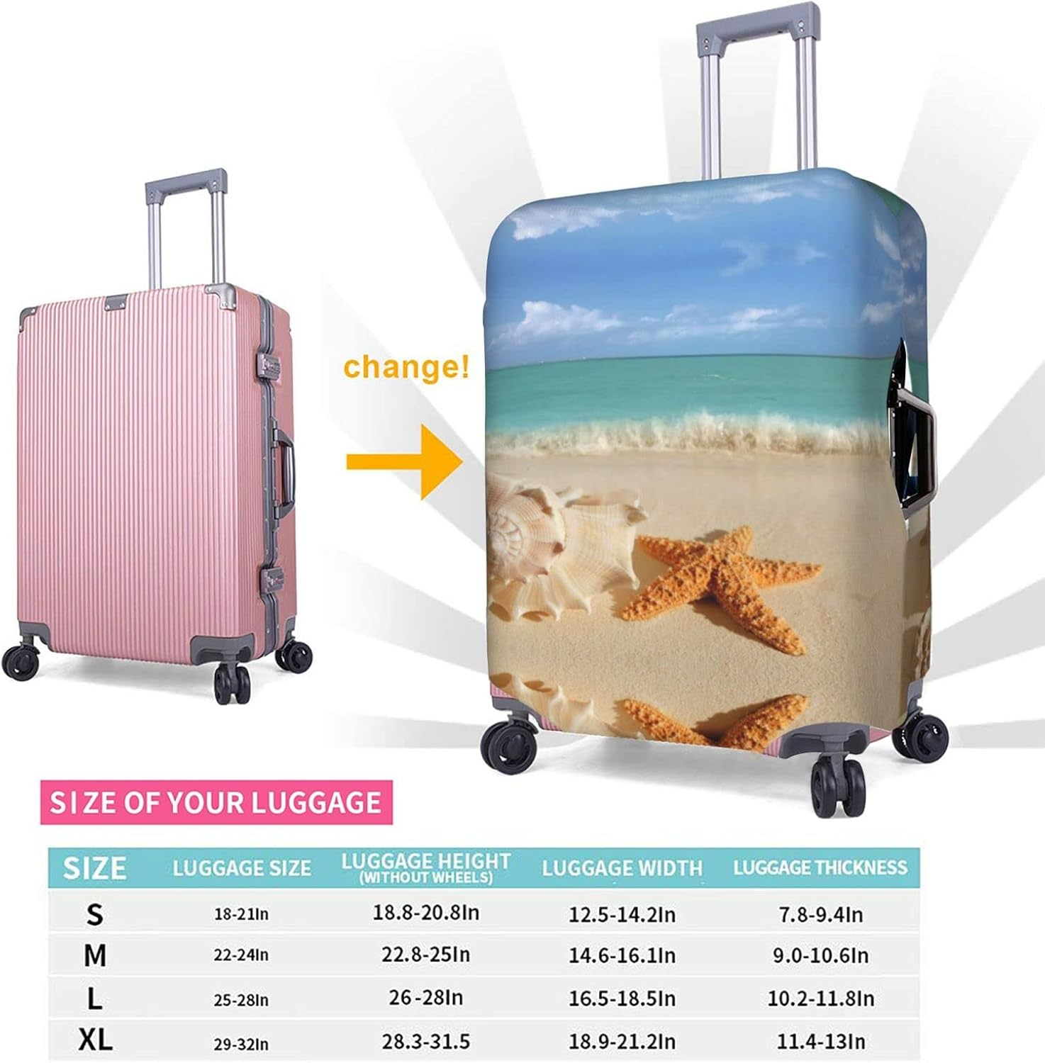 Summer Starfish Seashell Luggage Cover Washable Suitcase Protector Anti-Scratch Suitcase Cover Fits 18-32 Inch Luggage