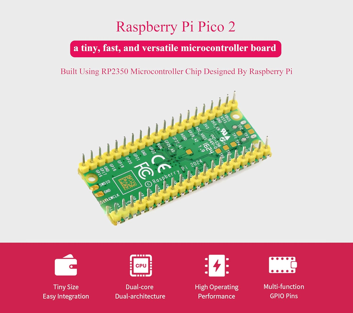 Ueekkoo Compatible with Raspberry Pi Pico 2 Microcontroller Board, Yellow Pre-Soldered Header, Dual-Core & Dual-Architecture Design, 4MB Flash, 3 Items