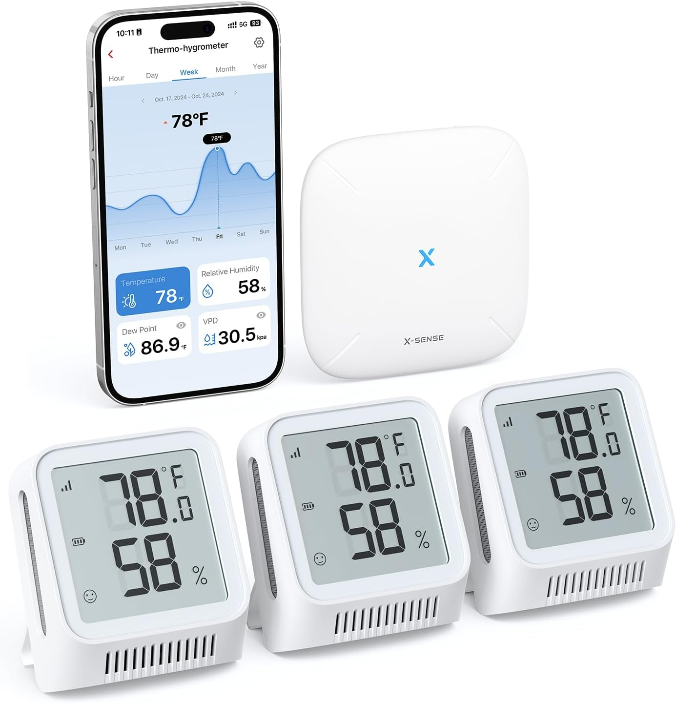 X-Sense Wifi Hygrometer Indoor Humidity with SBS50 Base Station, Smart Hygrometer Thermometer with App Notification, Temperature Sensor for Room Temperature Monitoring, 3 Sensors & 1 Base Station image number 1