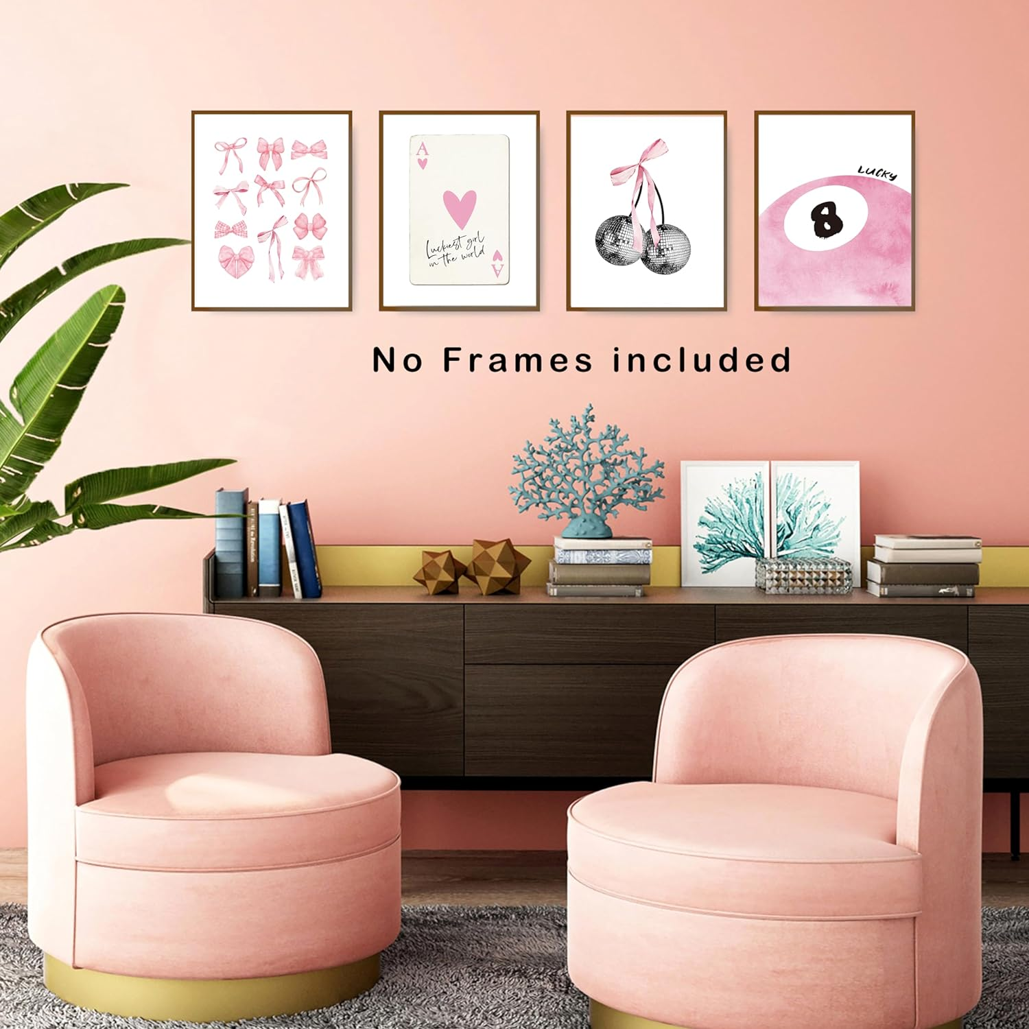 Okaxscm Pink Coquette Trendy Preppy Wall Art Prints Set of 4, Coquette Room Decor, Preppy Room Decor Aesthetic, Pink Bow Disco 8 Ball Cherry Wall Decor Posters for Girls Bedroom Dorm, 8X10 Unframed image number 3
