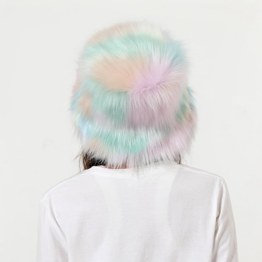 Tngan Rainbow Bucket Hat for Women Cute Faux Fur Fisherman Hat Fuzzy Winter Warm Cap Fluffy Hat for Outdoor Activities image number 1