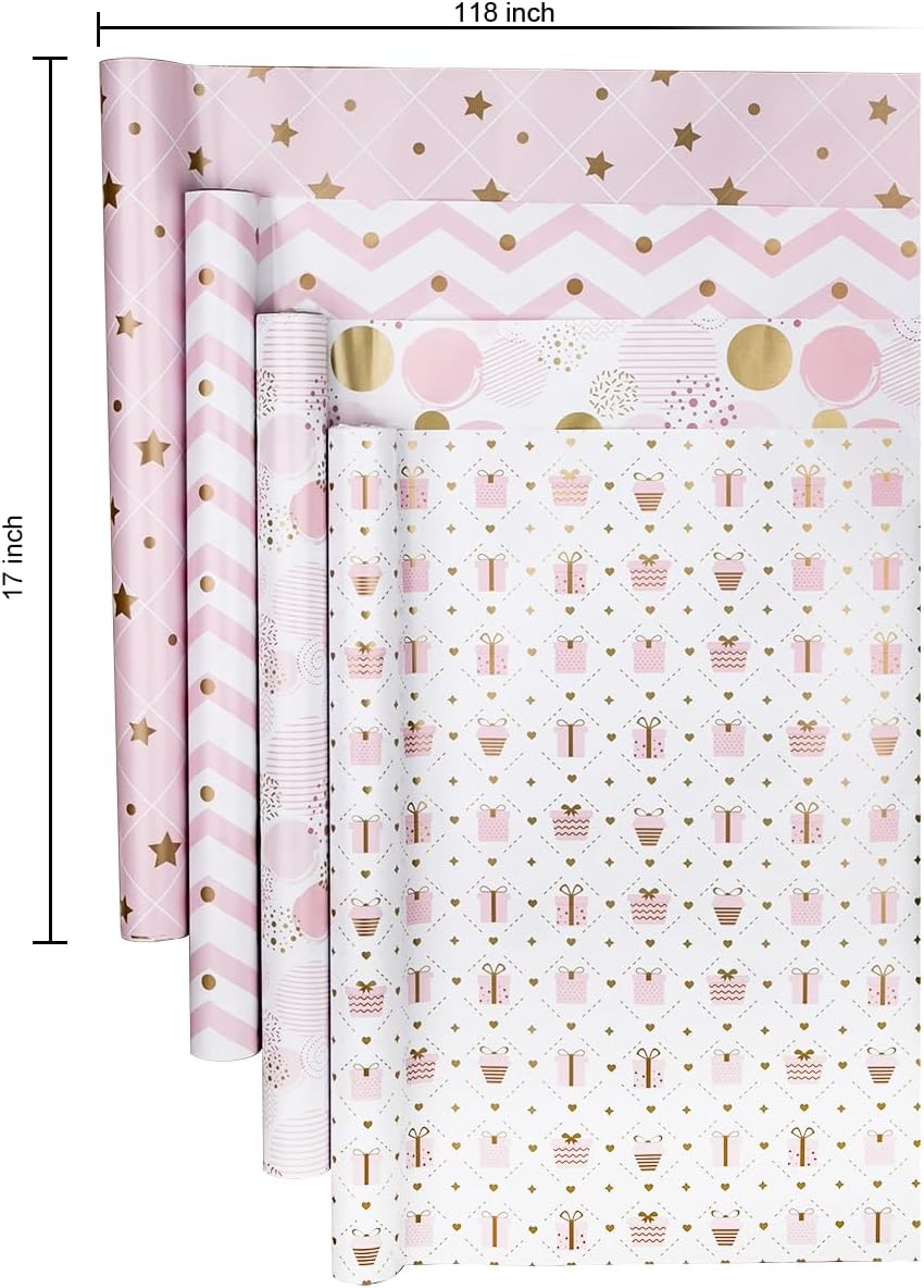 JUSTASHOW Gift Wrapping Paper for Birthday, Christmas Baby Shower(Pink), 4 Rolls Birthday Wrapping Paper for Girls Women Kids Adults, 17X118 Inches per Roll