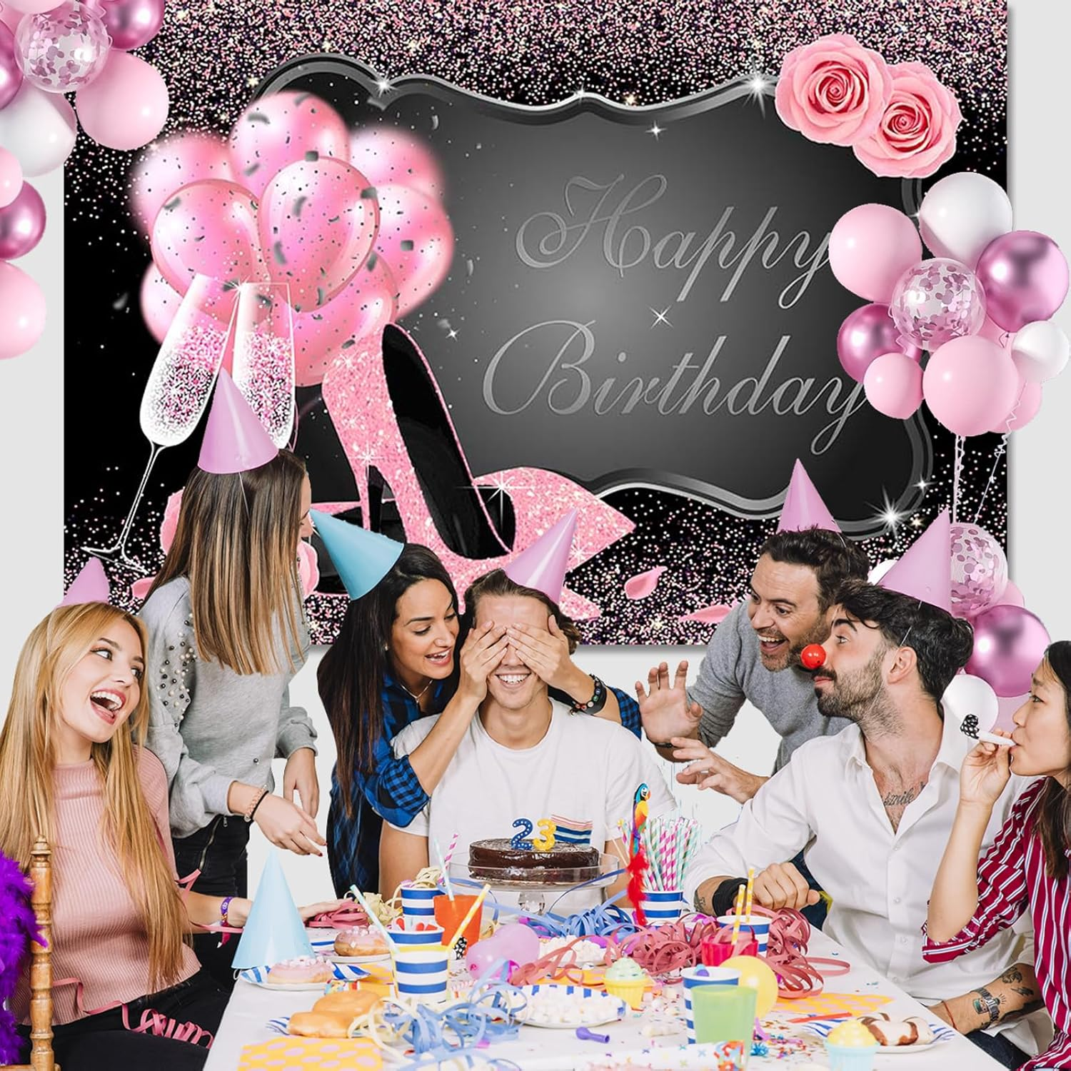 APROPHIC Girls Female Birthday Background Glitter Photo Photography Background Happy Birthday Party Banner High Heels Champagne Pink Balloon Decoration Cake Table Accessories 210 X 150 Cm image number 1