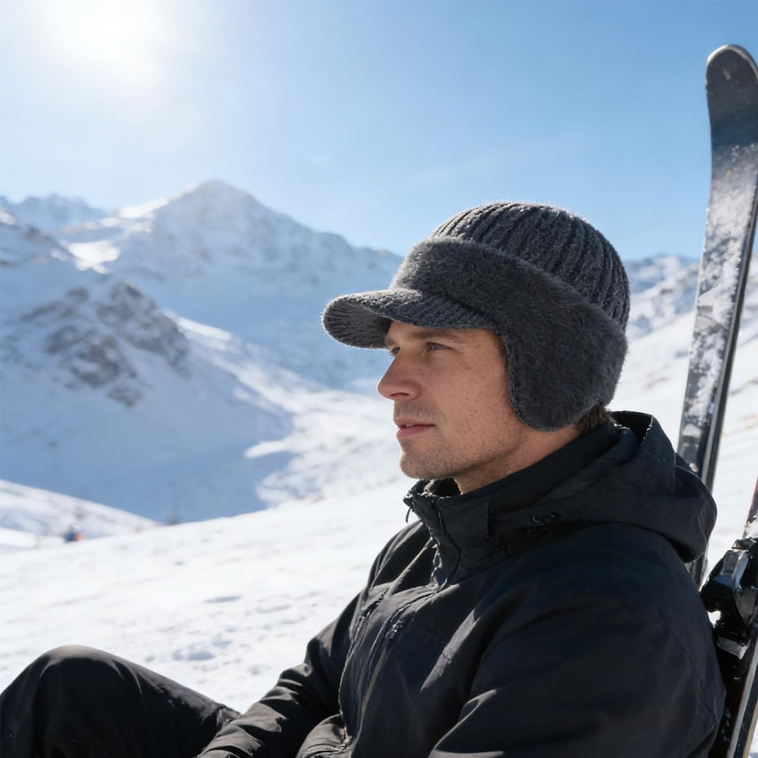 Blocking Knitted Hats with Ear Flaps and Wool Brim, Winter Fleece Lined Warm Baseball Beanie Knit Hat for Men&Women - 2Pcs-A image number 7