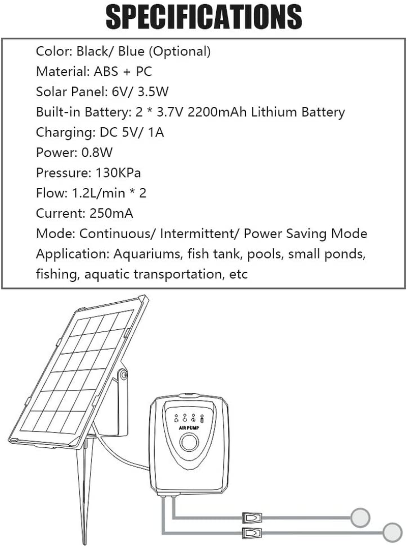 Fish Tank Air Pump,Solar Air Pump Fish Tank Oxygenator 6V 3.5W,Outdoor Pond Oxygen Pump Aerator,With Dual Aquarium&Air Bubble Stone,For Fishing Fish Tranportation Small Ponds Pools Water Circulation