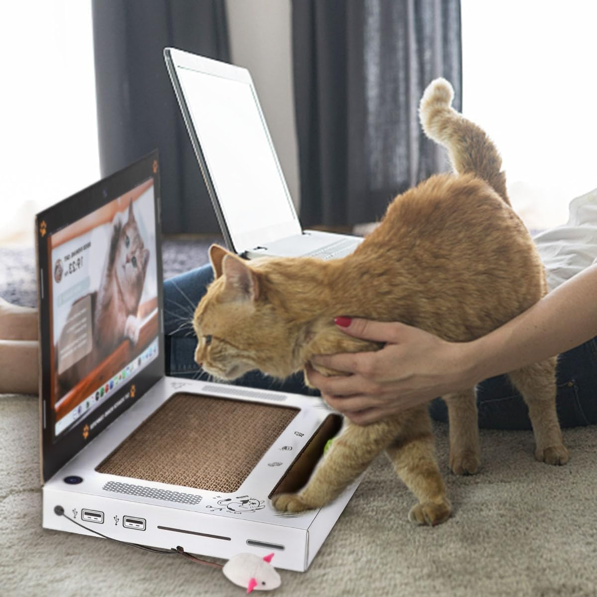 Enwye Laptop-Shaped Cat Scratching Pad with Plush Old Mouse Durable Corrugated Cardboard Foldable Space-Saving Design Control Scratching Pressure image number 4