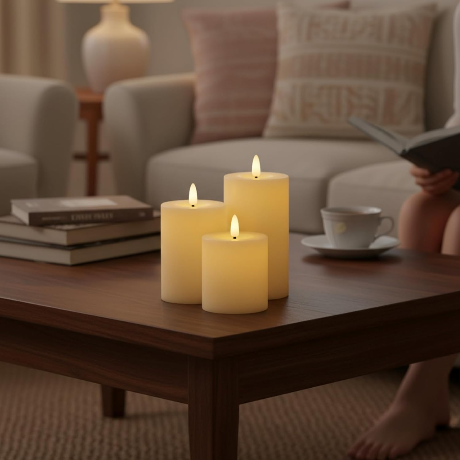 MIJOMA LED Candles Set of 3 Real Wax with Flame Effect - Warm White Light, Battery Operated Diameter 7 Cm, Heights 10/13/15 Cm - Safe Decorative Candles for Cosy Atmosphere Indoor image number 5