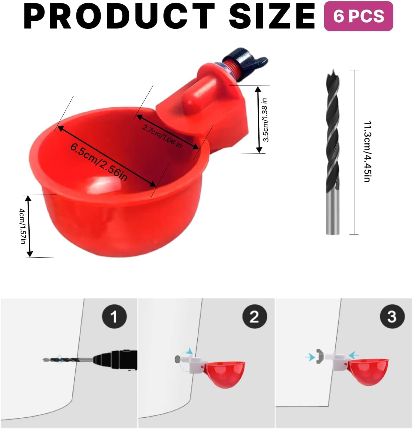 Automatic Chicken Waterer Cups 6 Pack DIY Poultry Drinker Kit for Chickens, Ducks, Turkeys Self-Filling Water Feeder with Drill Bit for Buckets, Barrels No Spill, Low Maintenance image number 1