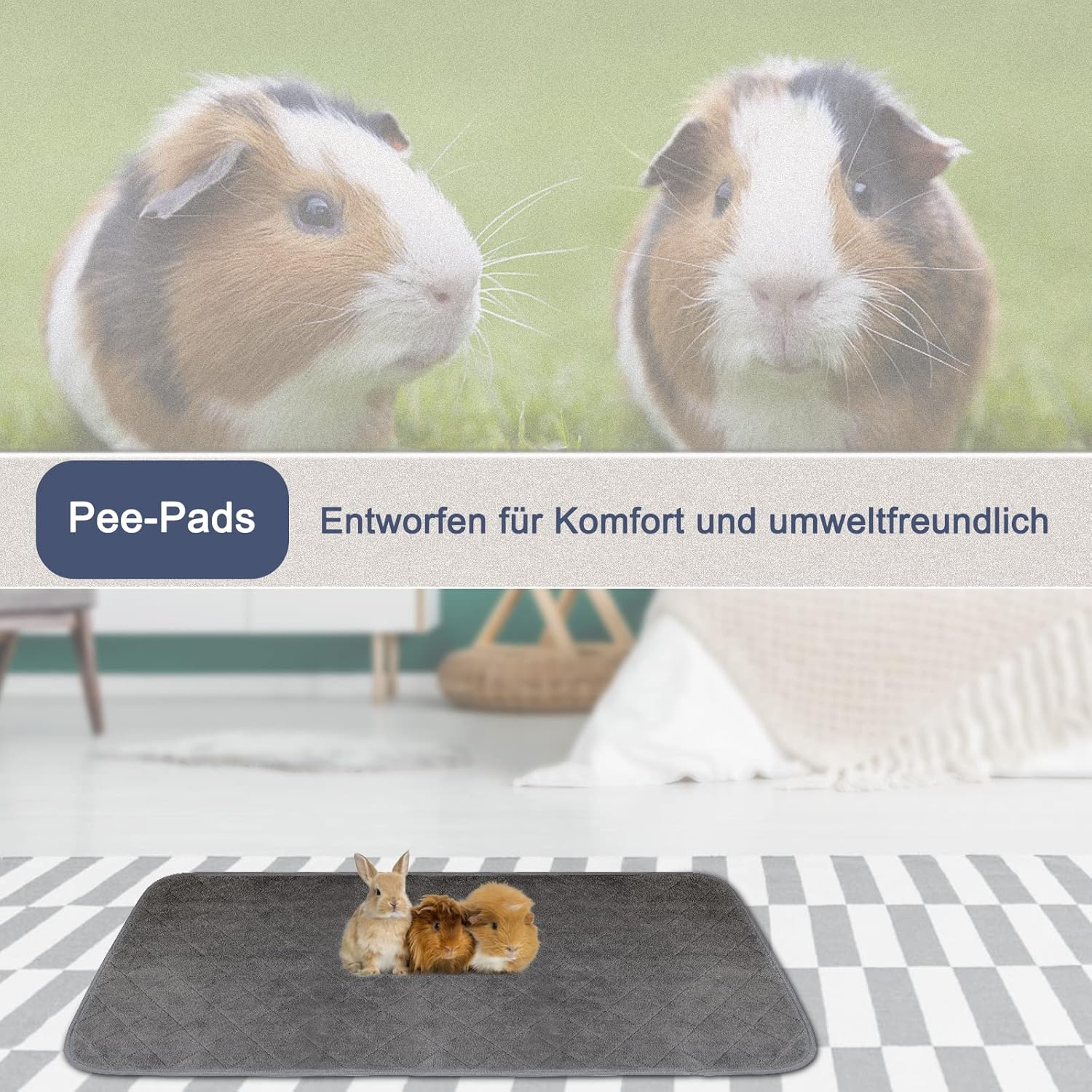 RANYPET Pack of 2 PIPI Pad for Guinea Pig Cage, Highly Absorbent, Reusable and Washable Fleece Training Pads for Pets with Waterproof Backing for Small Animals, L, Grey image number 2
