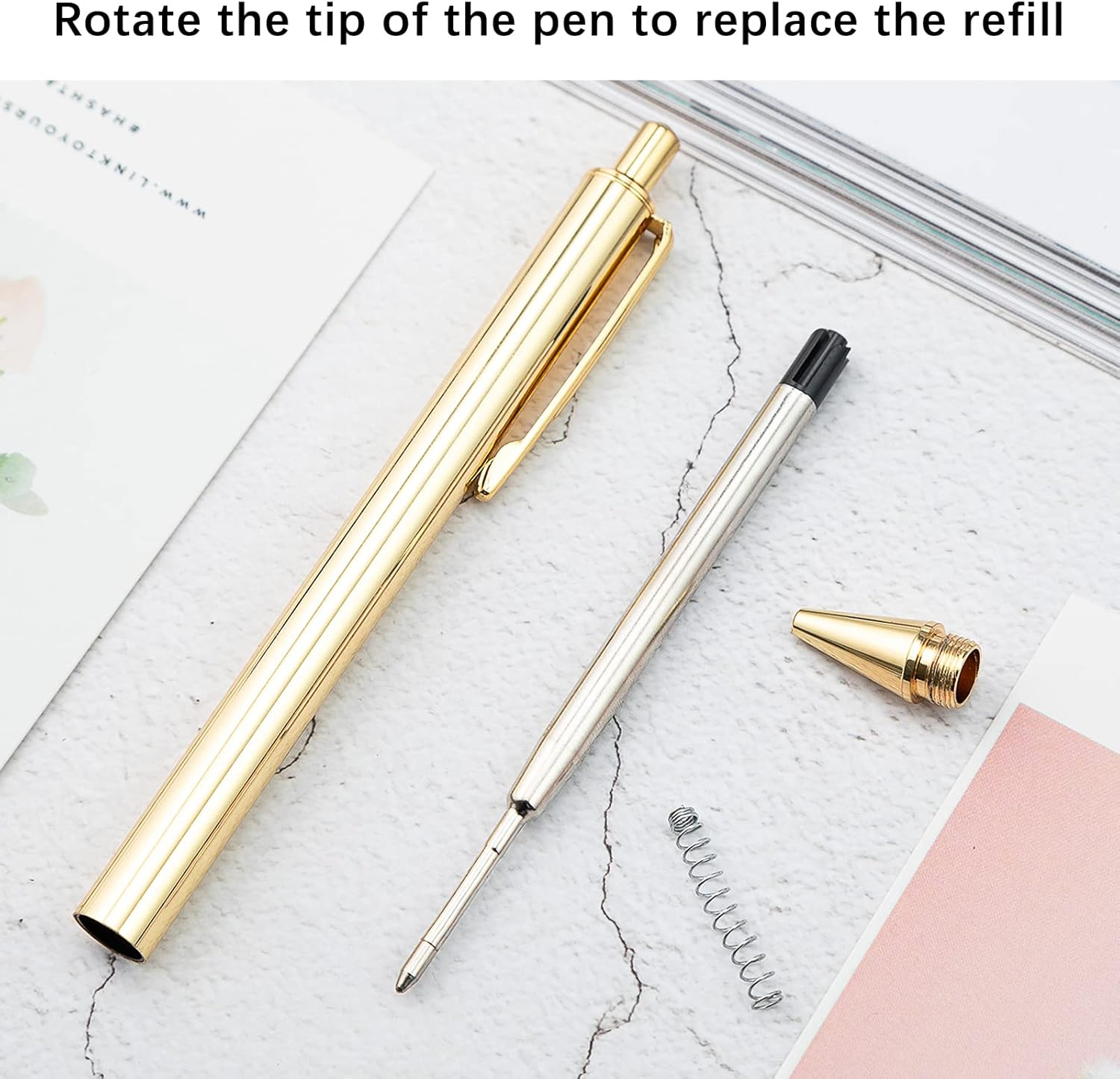 12Pcs Retractable Metal Ballpoint Pen Set, FHDUSRYO 6 Slim Metallic Ballpoint Pens, 1.0Mm Medium Point Black Ink Pens with 6 Pen Refills, Gold Sliver Click Ball Pens for Gift, Business, Office (Slim) image number 1