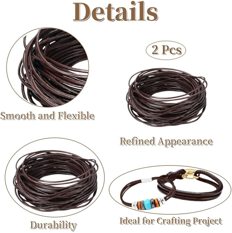 2 Roll 2Mm X 11Yard Leather Cord,Round Leather String,Retro Brown Leather Lace,Leather Rope Cord Leather Twine for Bracelets,Necklaces,Jewelry Making and Crafts,Shoelaces,Braided Bracelets image number 4
