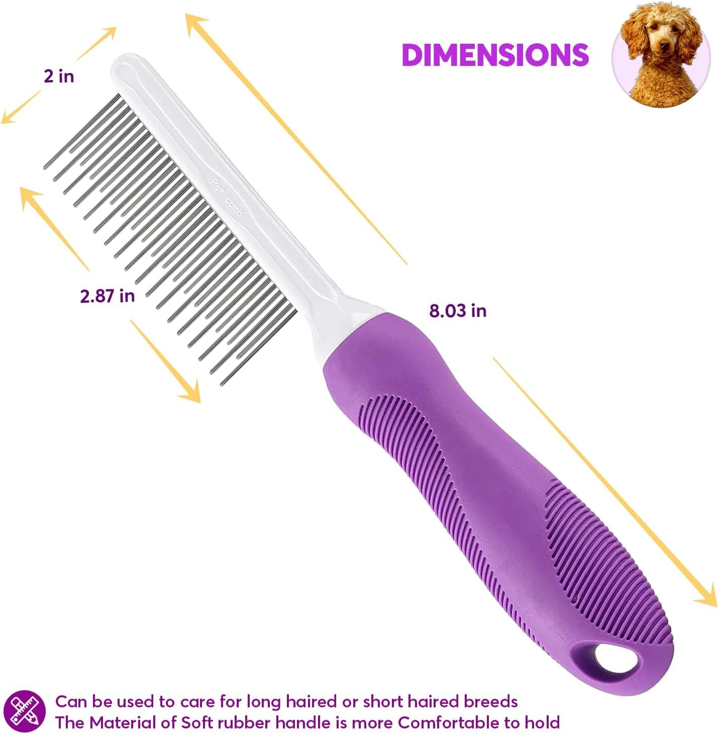 Pet Comb with Long & Short Stainless Steel Teeth - Dog Comb for Removing Matted Fur, Knots & Tangles &ndash; Detangler Tool Accessories for Safe & Gentle DIY Dog & Cat Grooming image number 4