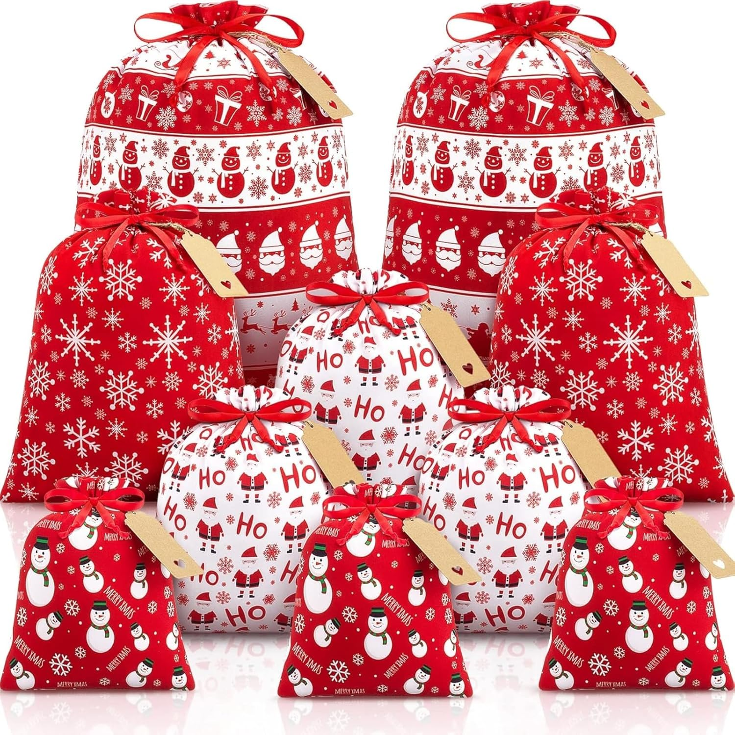 10Packs Christmas Drawstring Gift Bags with Tags, Red White Xmas Fabric Wrapping Bag for Presents Party Favors Decor Goody image number 5