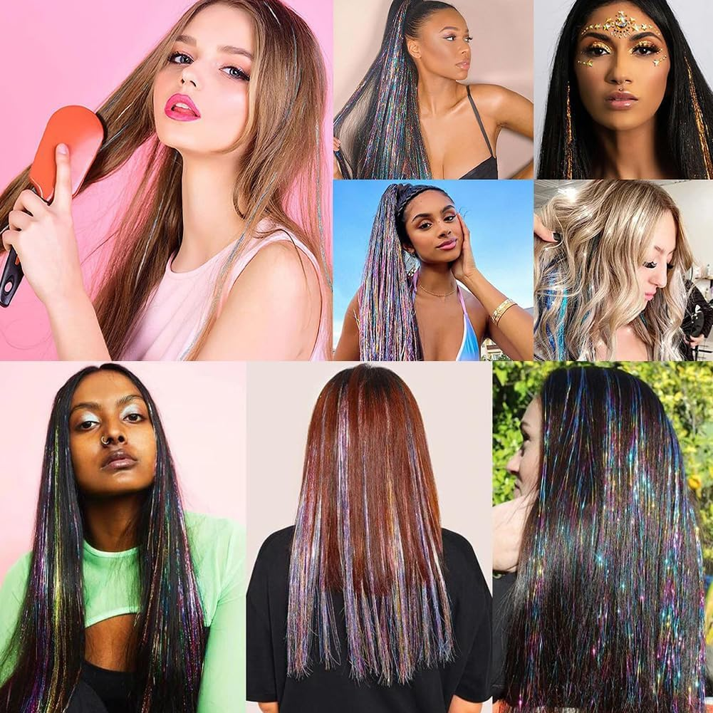 Homiliky 12Pcs Hair Tinsel Clips, Rainbow Fairy Hair Tinsel Kit with 33Cm Glitter Hair Extensions for Women Girls, Party Hair Accessories for Christmas Halloween