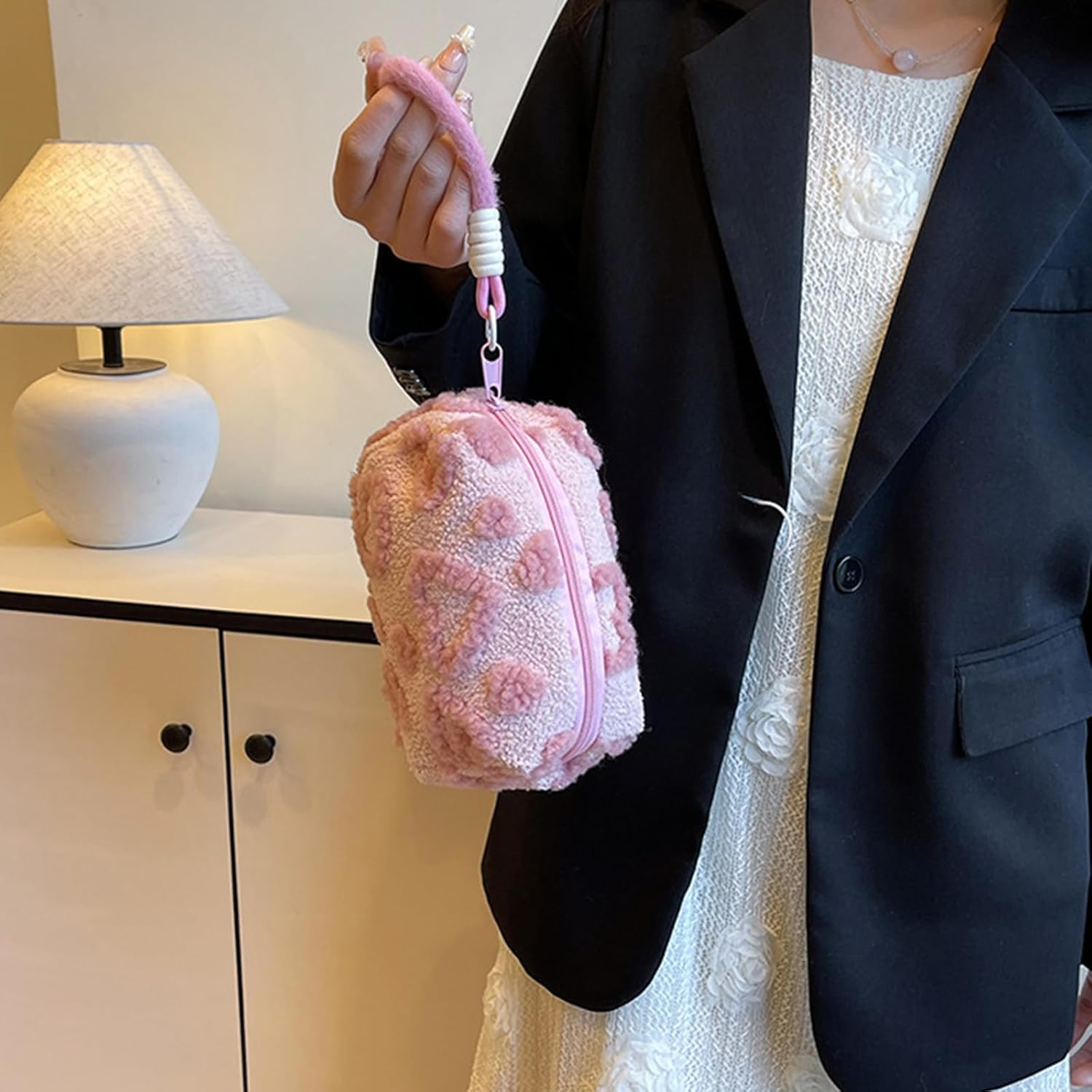 KASESSS Plush Makeup Bag, Heart Motif Make up Bag, Toiletry Bags, Large Cosmetic Bags with Handle, Portable Travel Puffy Flat Organizer with Zipper for Women Home Travel Office Cosmetic Storage, Pink image number 1