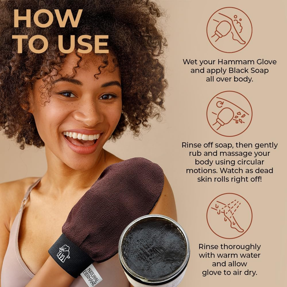 Natural Elephant Moroccan Black Soap 200G (7Oz) and Exfoliating Hammam Glove Combo (Pure Black) image number 6