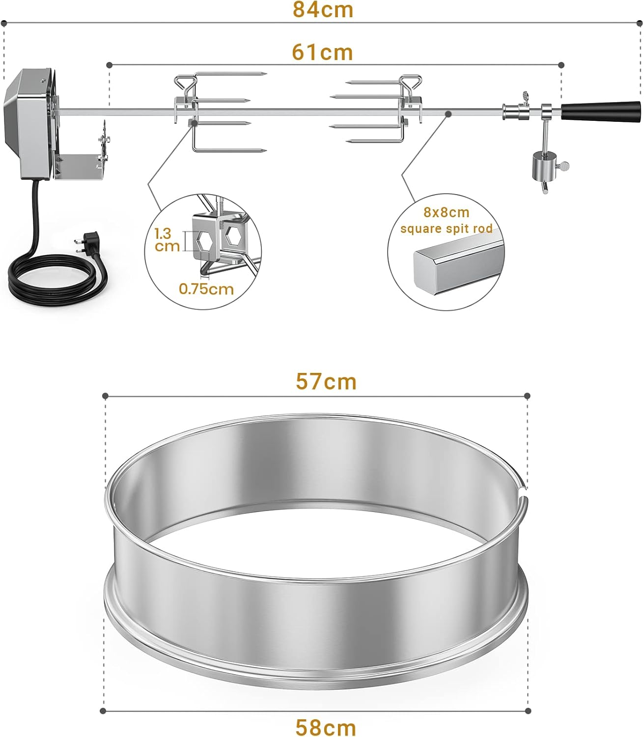 Only Fire BRK-6025 Stainless Steel Rotisserie Ring Kit Fits Weber 57Cm Charcoal Kettle Grill with Electric Motor for UK Fits Weber 2290 and Other 57Cm Models image number 5
