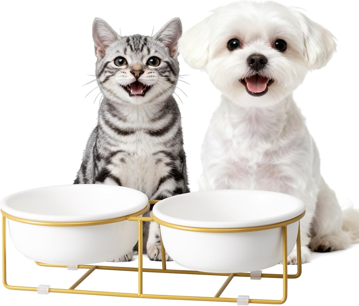 Elevated Ceramic Dog Bowl with Metal Stand - Raised Feeding Dish for Small Dogs and Cats - Ideal for Food or Water - Each Holds 400Ml / 2 Cups (Approx. 200G) - White