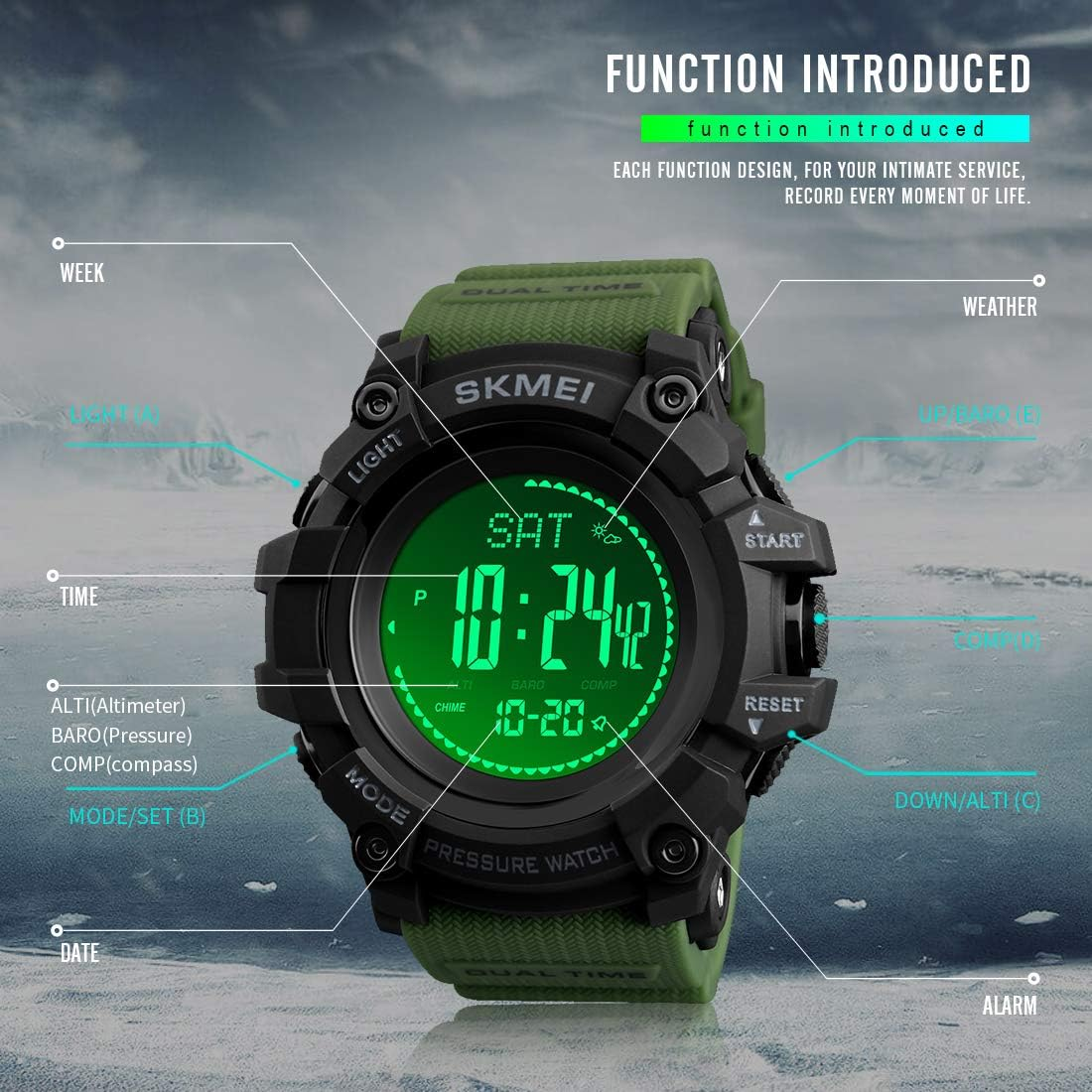 Compass Watch Army, Digital Outdoor Sports Watch for Men Women, Pedometer Altimeter Calories Barometer Temperature Waterproof