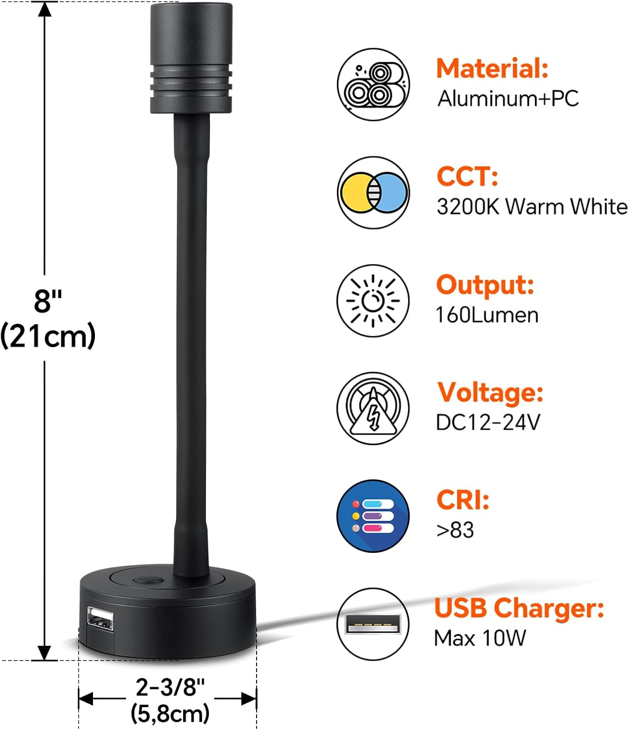 RV Campervan LED Reading Light 12V Dimmable Flexible Gooseneck with USB Wall Lamp Bed Side 2 Pieces DC 12V - 24V Spot Eye Care Wall Mount for Motorhome Boat Caravan Yacht Interior Lighting image number 1