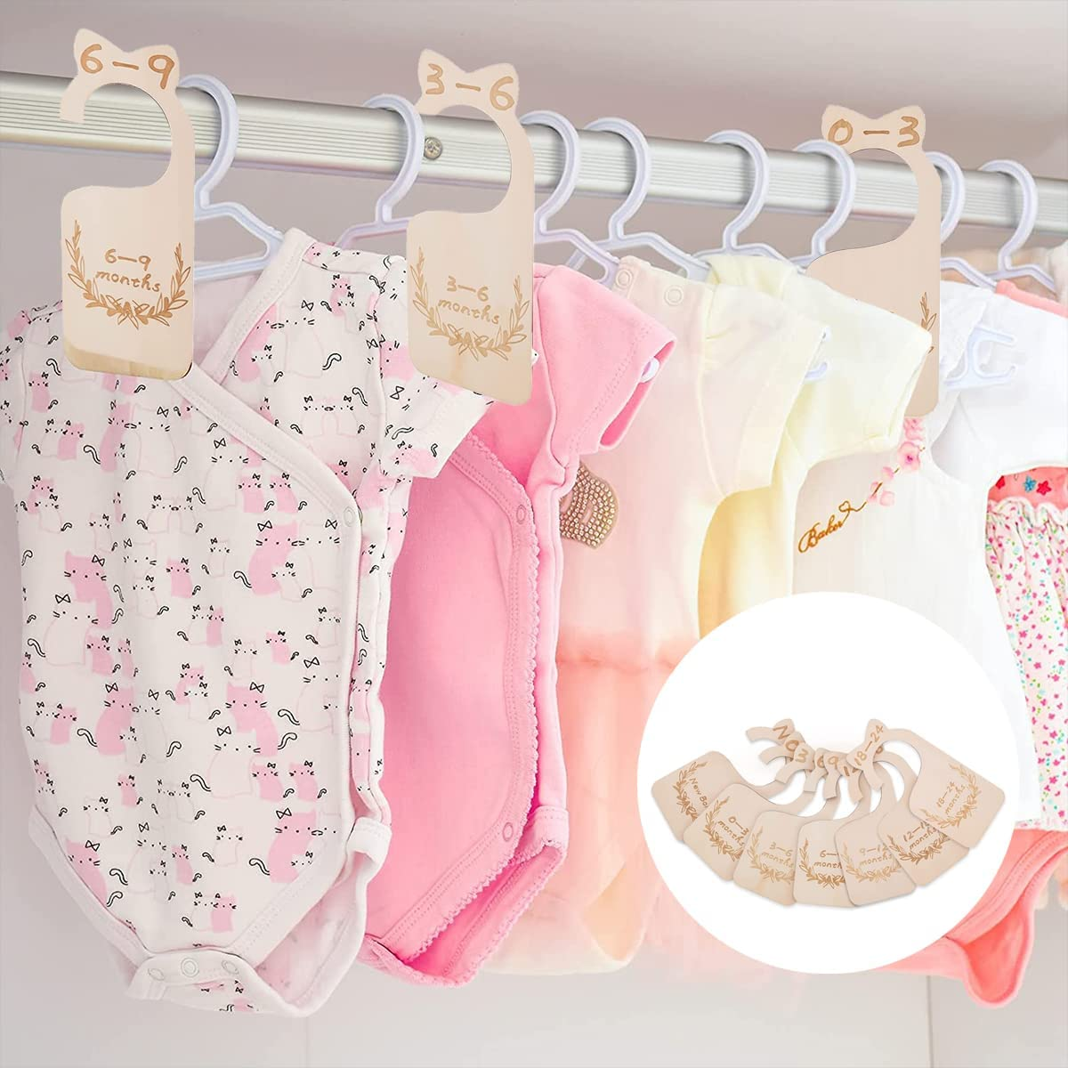 Baby Closet Size Divider, 7 Pcs Wooden Baby Closet Hanging Nursery Wardrobe Divider Hangers for Newborn Infant to 24 Months image number 5