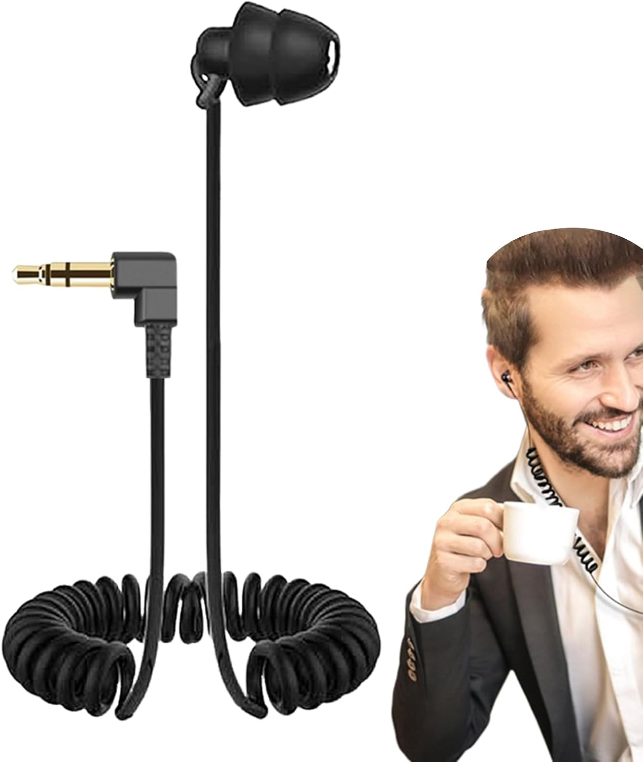 Single Earbud - Mono Headphone, 35Cm Single Side Earbud - Stretchable Spring Wire 3.5Mm In-Ear Earphone, Clear Sound, Noise Reduction, Ideal for Calls, Music and One-Ear Listening - Black image number 1