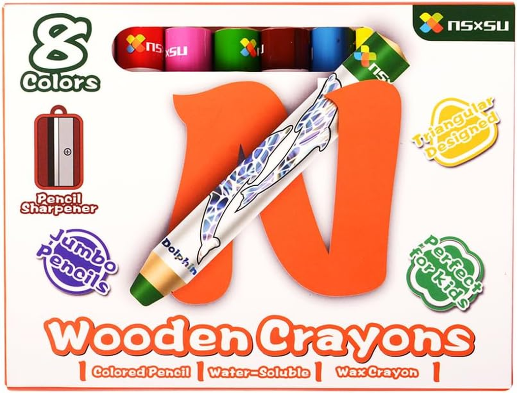 Nsxsu Wooden 3 in 1 Jumbo Crayons for Toddlers & Kids, Chunky Washable Bath Crayon, Water Soluble Thick Colored Pencils, Fat Triangular Color Pencil with Sharpener, Easy-Grip (Classic Color, 8) image number 5