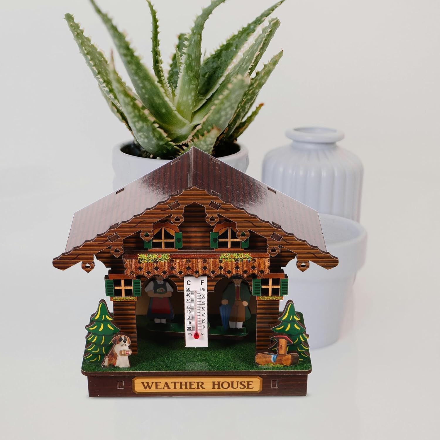 Weather House Wooden Barometer Hygrometer Thermometer Wall Mounted Indoor Climate Gauge with Temperature Humidity Monitor for Home Decoration image number 2