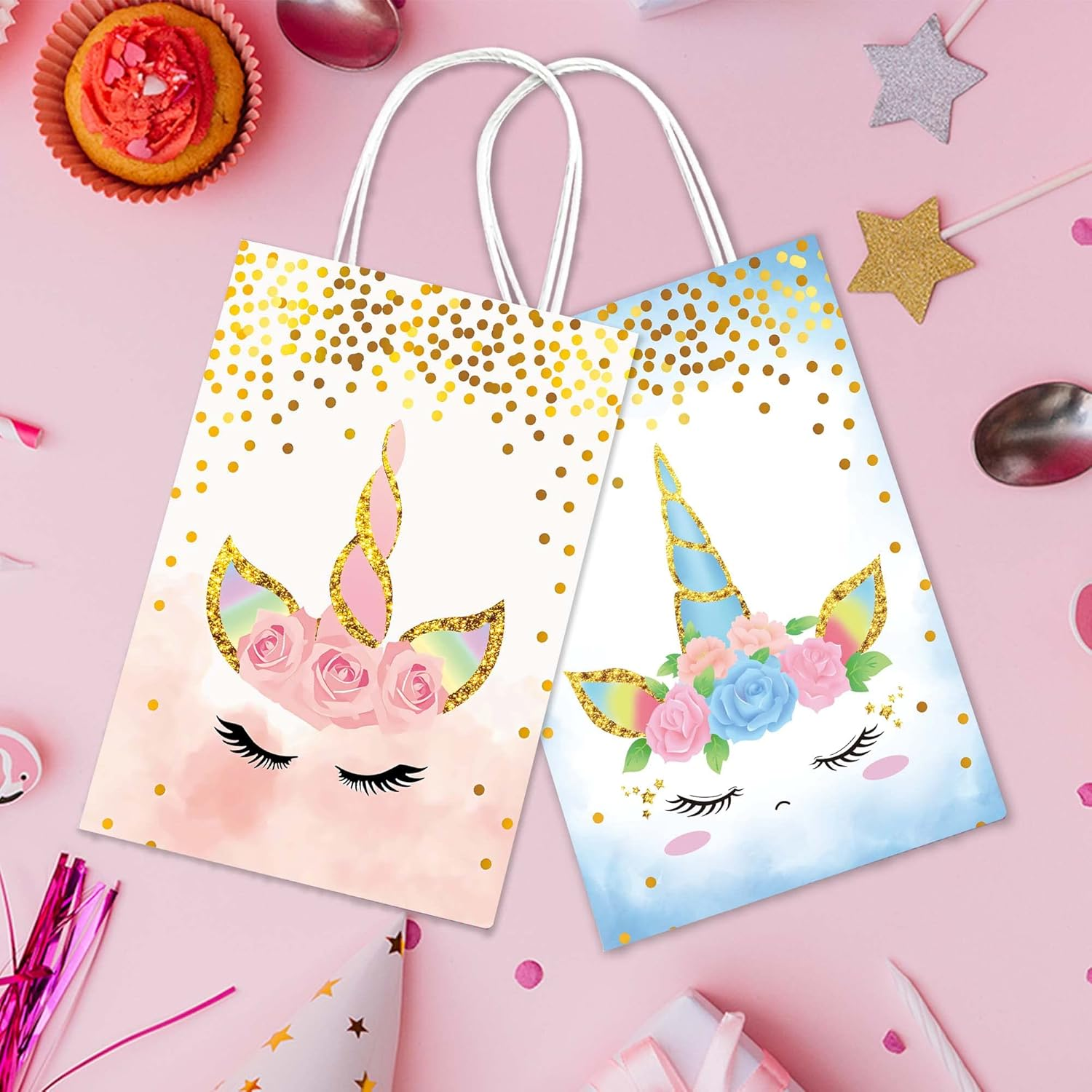 24Pcs Unicorn Party Favor Bags Unicorn Goodie Gift Treat Candy Bags Reusable Goody Kraft Paper Bag with Handle for Party Supplies Birthday Decorations image number 6