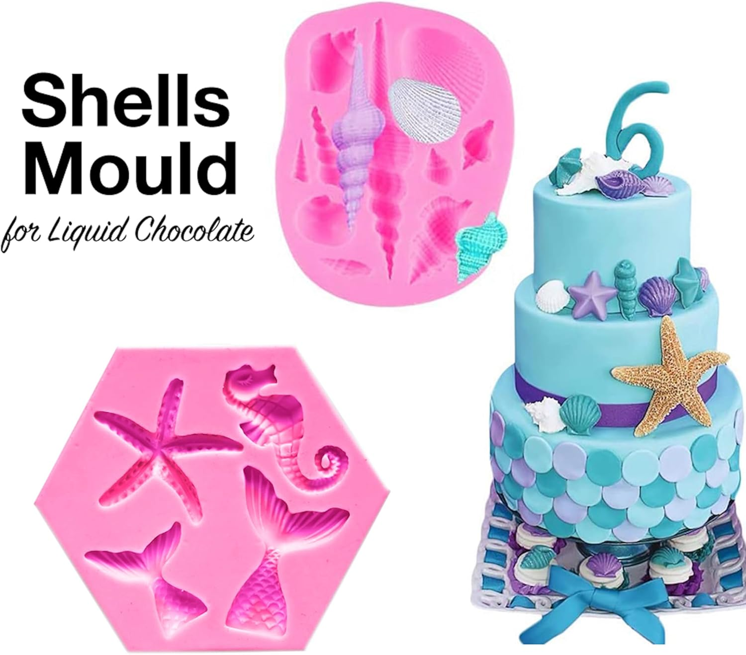Mermaid Tail Sea Shell Silicone Cake Fondant Sugarcraft Mould Chocolate Mold (Hexagon) image number 1
