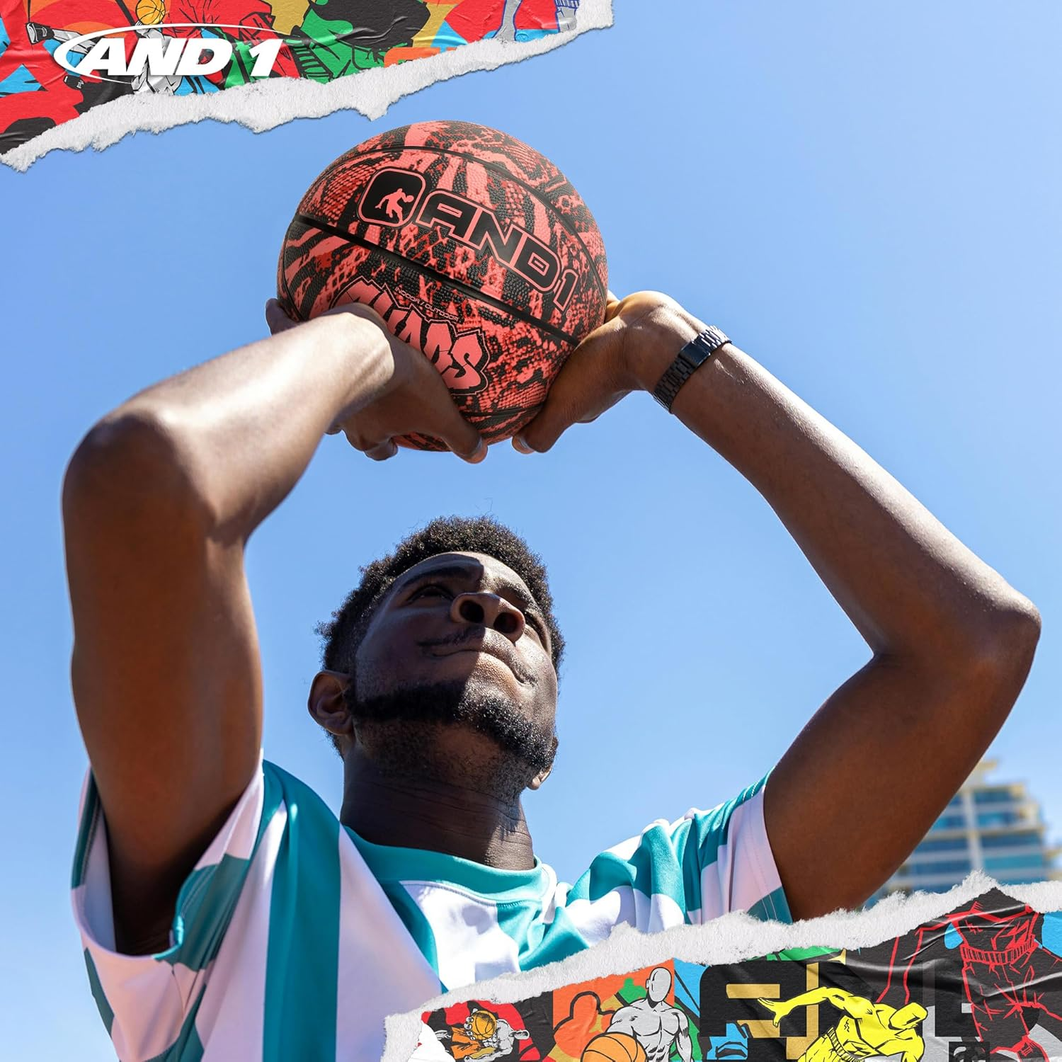 AND1 Chaos Basketball: Official Regulation Size 7 (29.5 Inches) Rubber - Deep Channel Construction Streetball, Made for Indoor Outdoor Basketball Games - Blue/Black Jungle image number 5