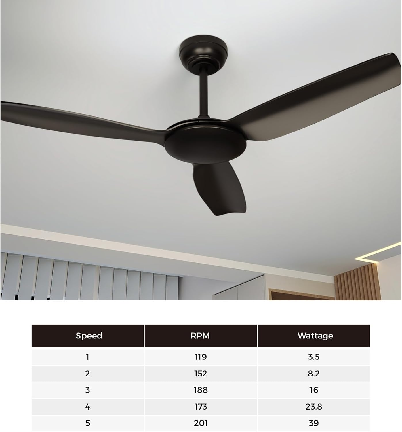 Vevare 52" Ceiling Fan with Remote Contorl 3 ABS Blades and DC Motor Indoor Fan with Timer and 5 Fan Speeds for Home Living Room Black image number 6