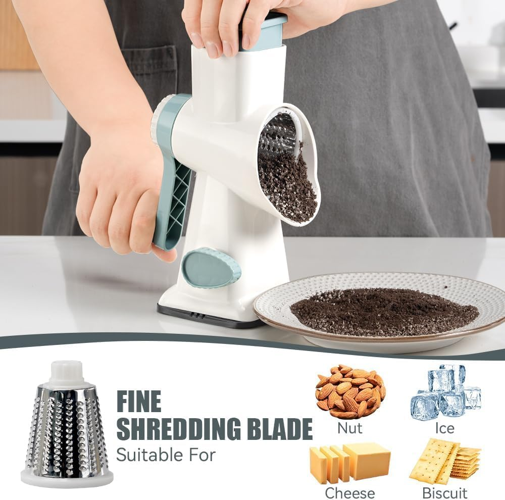 Rotary Cheese Grater, Cheese Shredder, Multifunction 5 in 1 Kitchen Manual Speed round Mandolin Food Slicer Vegetable Chopper, Potato Slicer, Grinder for Nut, Carrot, Radish, Cucumber (White) - White image number 3