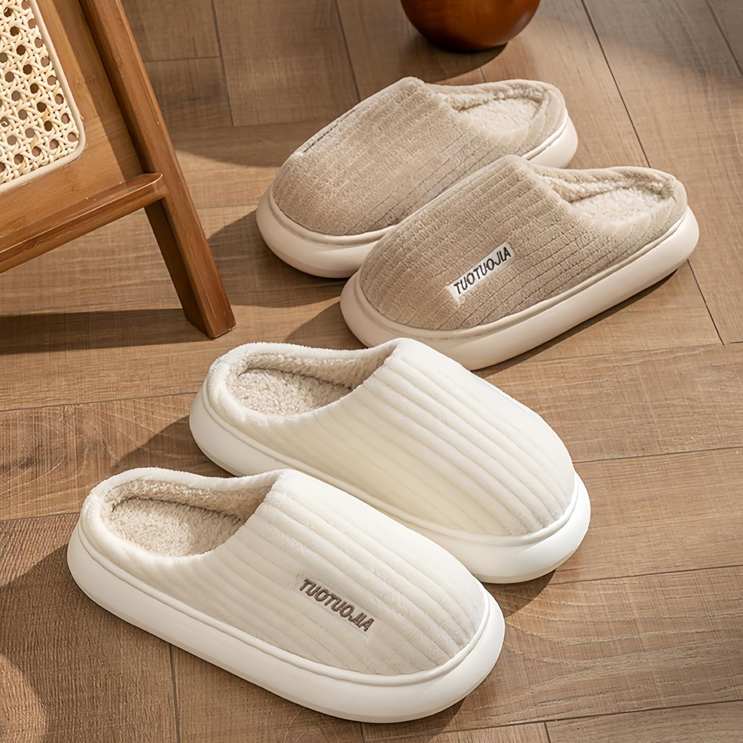 JAEWOMO Cozy Comfort Slip-On Slippers with Soft Plush Interior and Ribbed Design for Indoor Relaxation Unisex All-Day Comfort Available image number 5