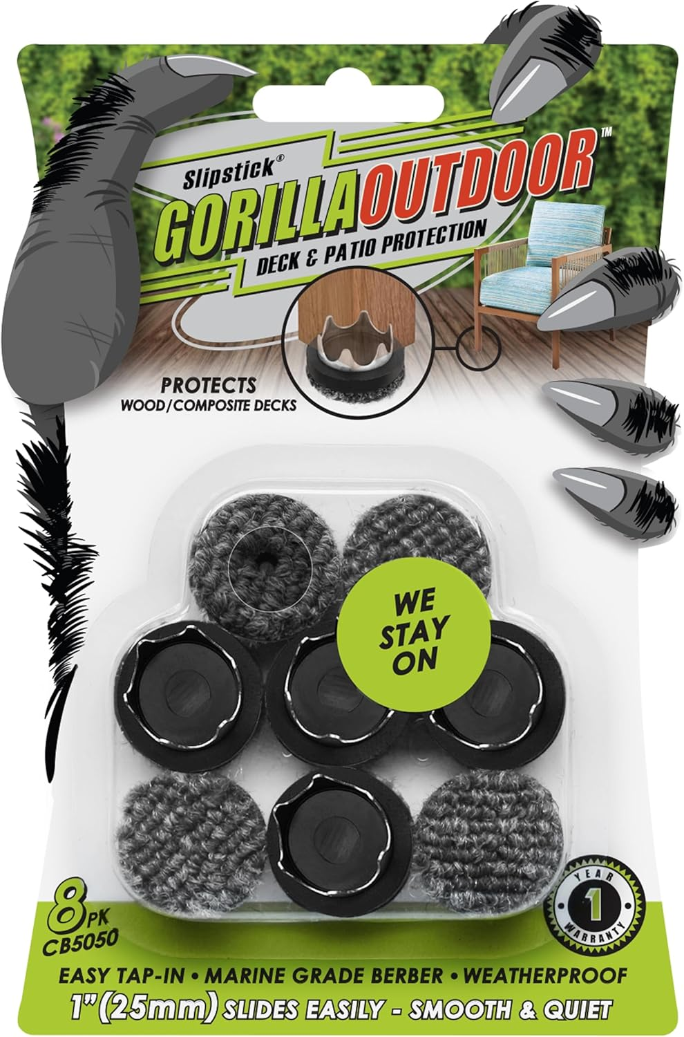 Gorilla Outdoor 25Mm Furniture Feet Floor Protectors/Weatherproof Berber Glides (Set of 8) Tap on Furniture Pads Guaranteed to Stay On, for Outdoor & Indoor Use image number 1