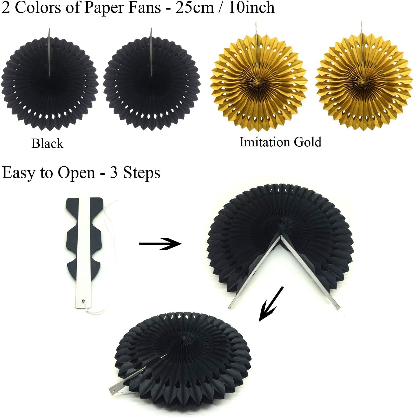 Party Decoration, 21 Pcs Black and Gold Hanging Paper Fans, Pom Poms Flowers, Garlands String Polka Dot and Triangle Bunting Flags for Birthday Parties Wedding D&eacute;cor, Table & Wall Decorations image number 3