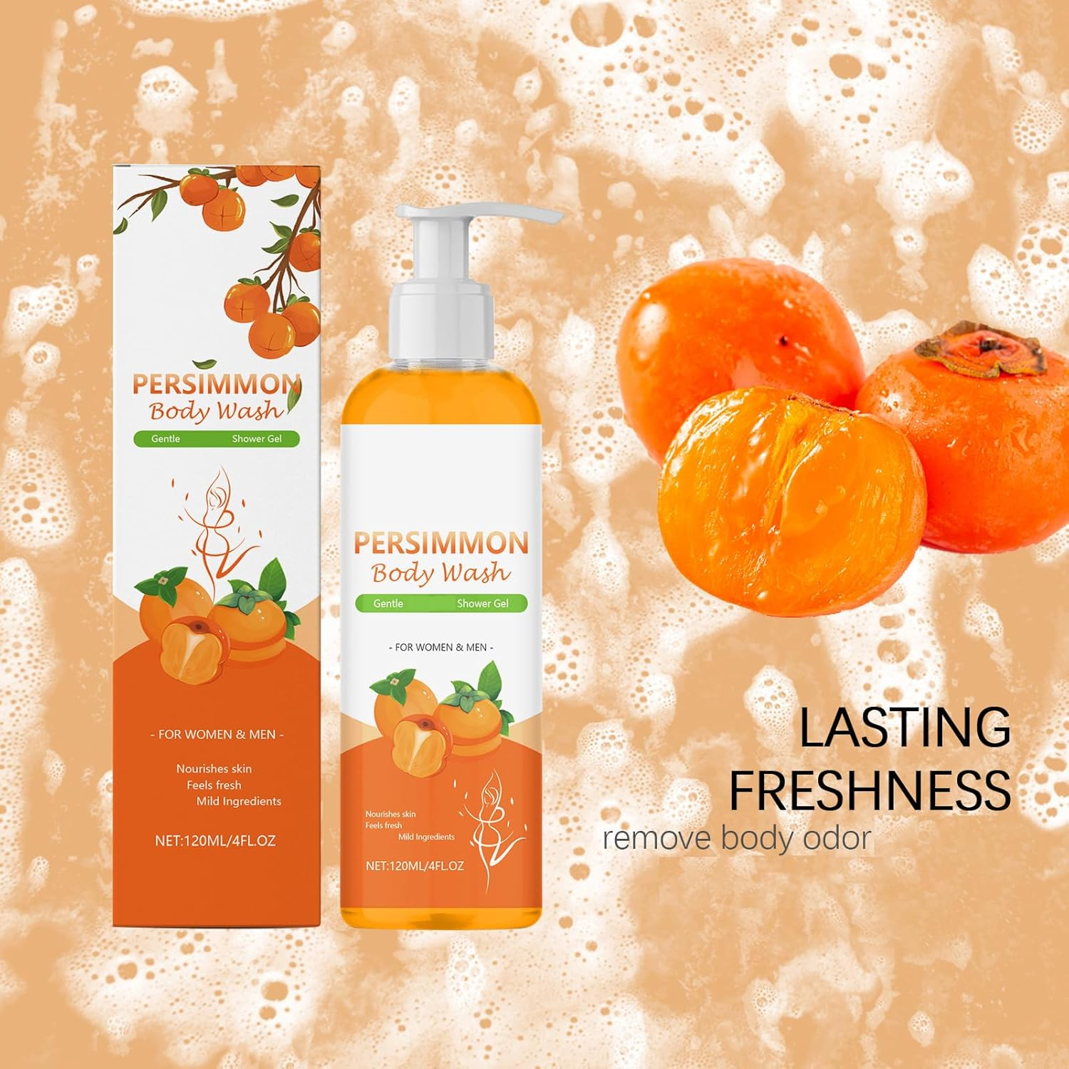 Persimmon Body Wash for Old People Smell, Persimmon Body Wash, Bodys Odor Removal, Cleansing Bodys Deodorizing with Persimmons Extracts, Fresh Scent & Deeply Cleansing, for Old People Smell (4Pcs) - 4Pcs image number 4