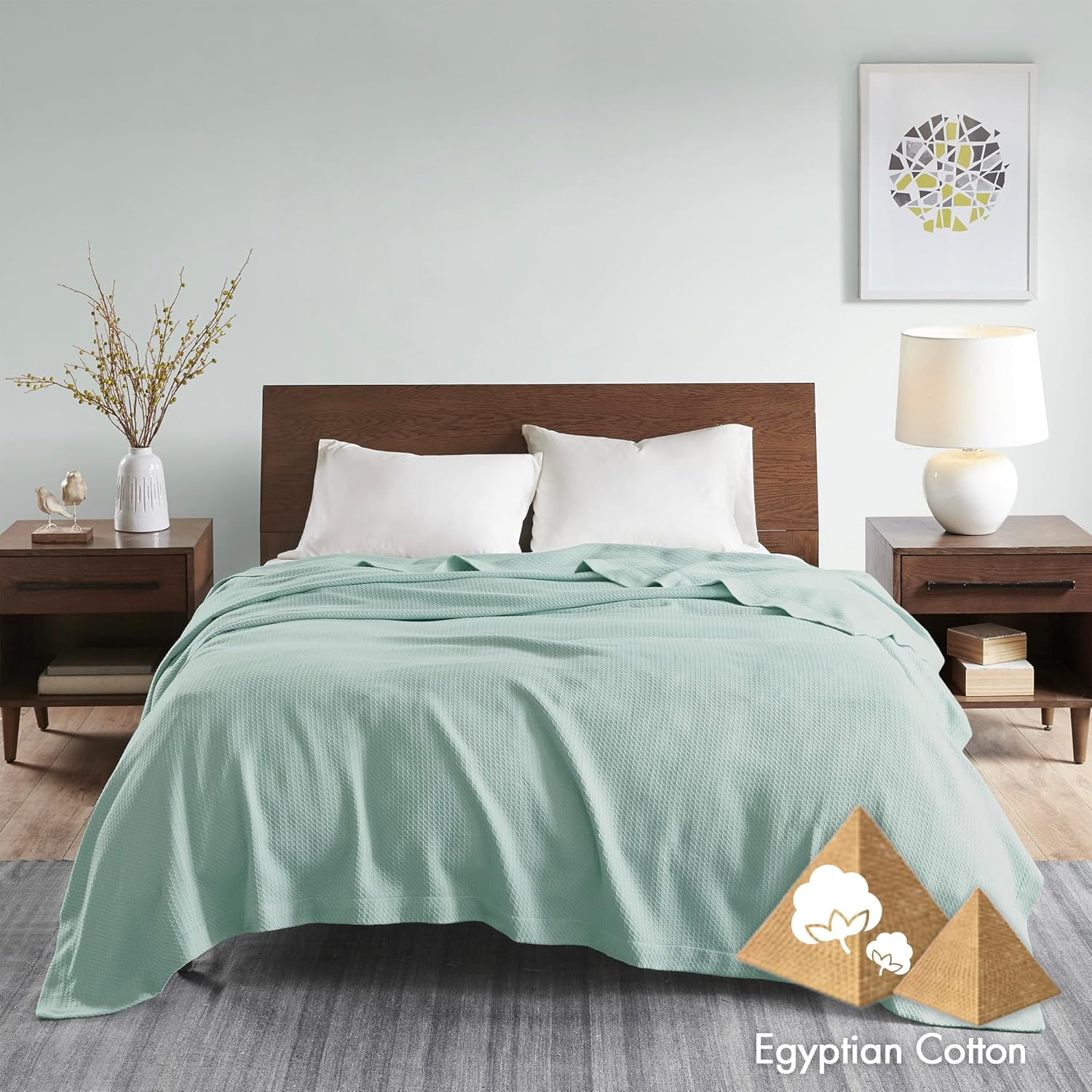 Madison Park Soft Certified 100% Egyptian Cotton Breathable Cozy Blanket, Premium Waffle Knit Classic Design, Luxury All Season Lightweight Cover for Bed, Couch and Sofa, Seafoam Twin(66"X90") image number 4