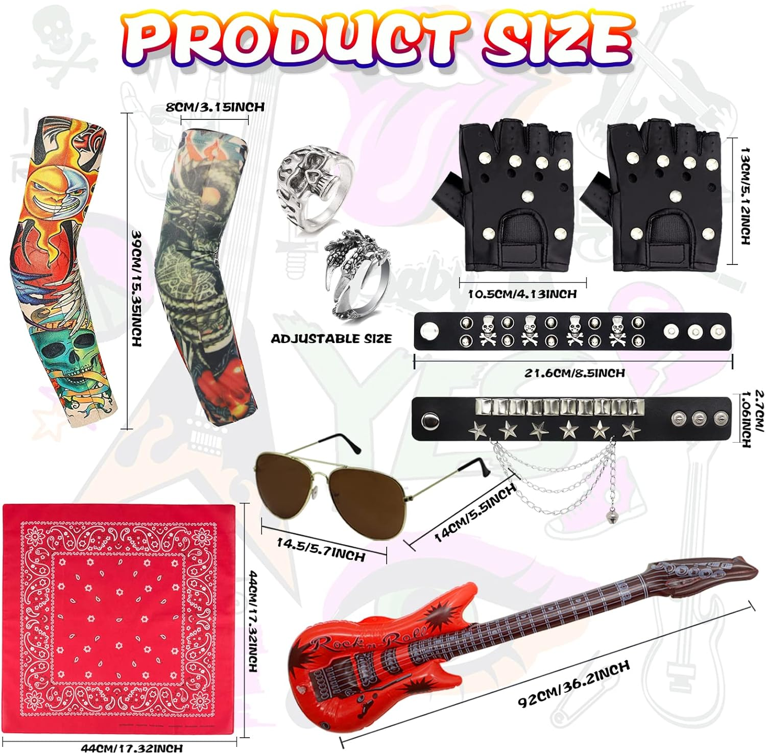 11Pcs Punk Gothic Rocker Costume Set, Rock Heavy Metal Accessories with Retro Sunglasses Gloves Bandana Fake Tattoo Sleeves Bracelet Rings Inflatable Guitar for Women Men Halloween 80S Disco Party