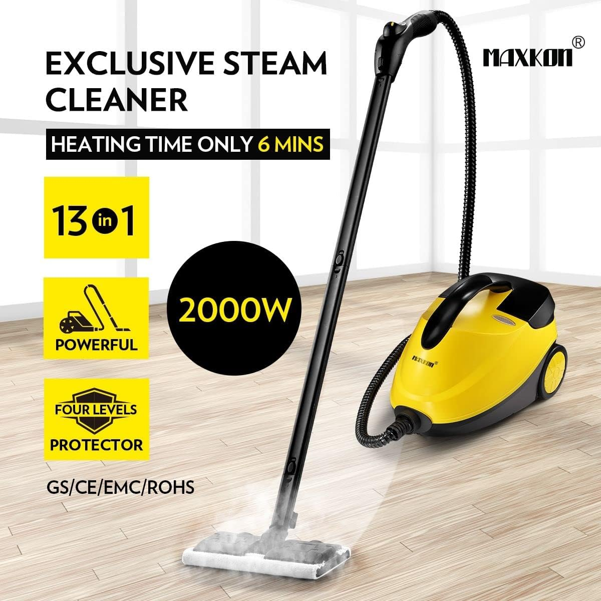Maxkon 2000W Multipurpose Steam Cleaner with 14 Accessories, Household Steamer Mop With1.5L Tank for Chemical-Free Cleaning, Rolling Cleaning Machine for Clothes, Carpet, Floors, Windows and Cars