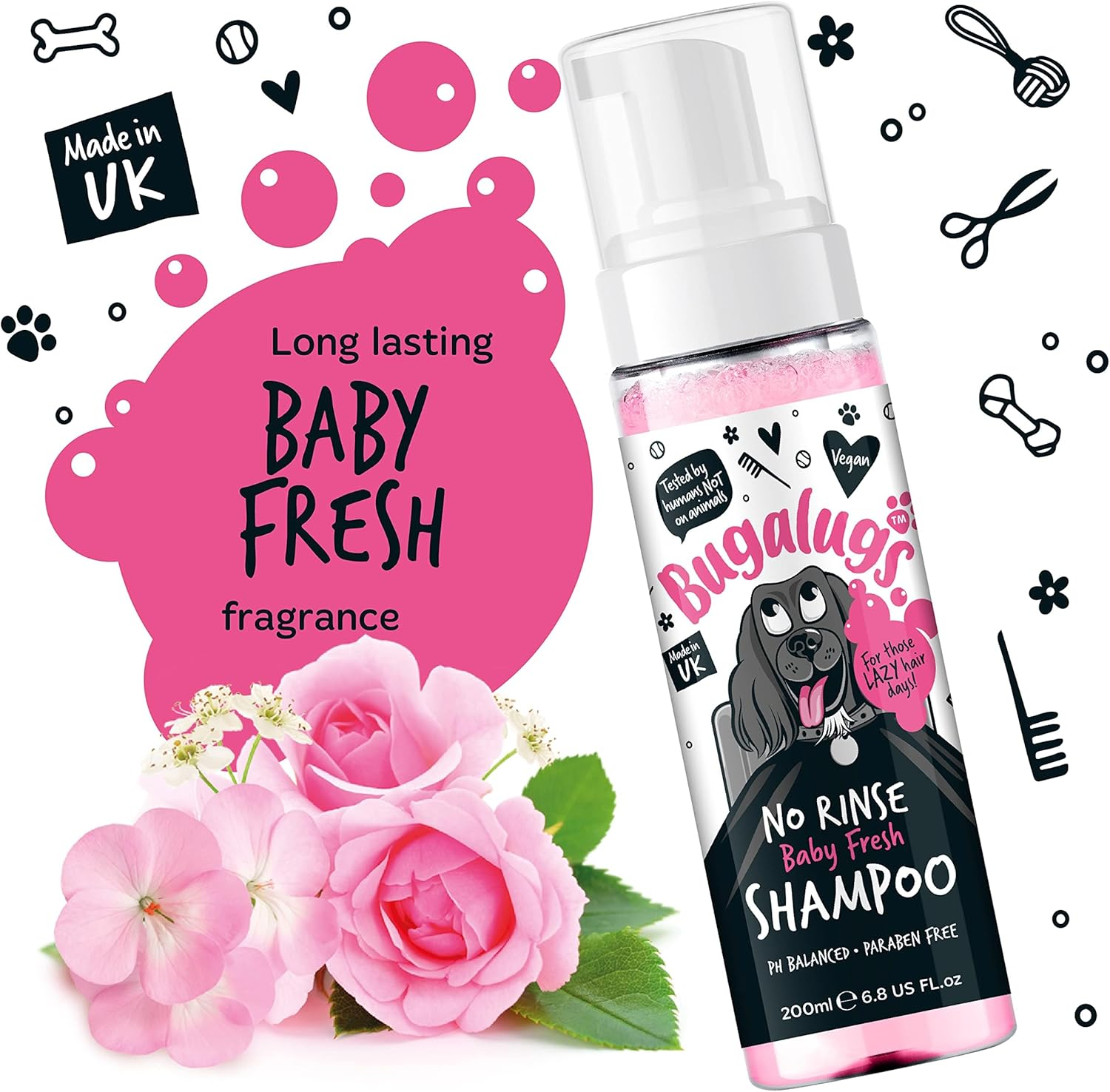 BUGALUGS No Rinse Baby Powder Dog Shampoo &ndash; Coat Dry Shampoo Quick Dog Bath for Dogs Itchy Skin Relief. Puppy Professional Groom Baby Powder Spray Foam (No 200Ml) Pink (BSNRBF200) image number 5