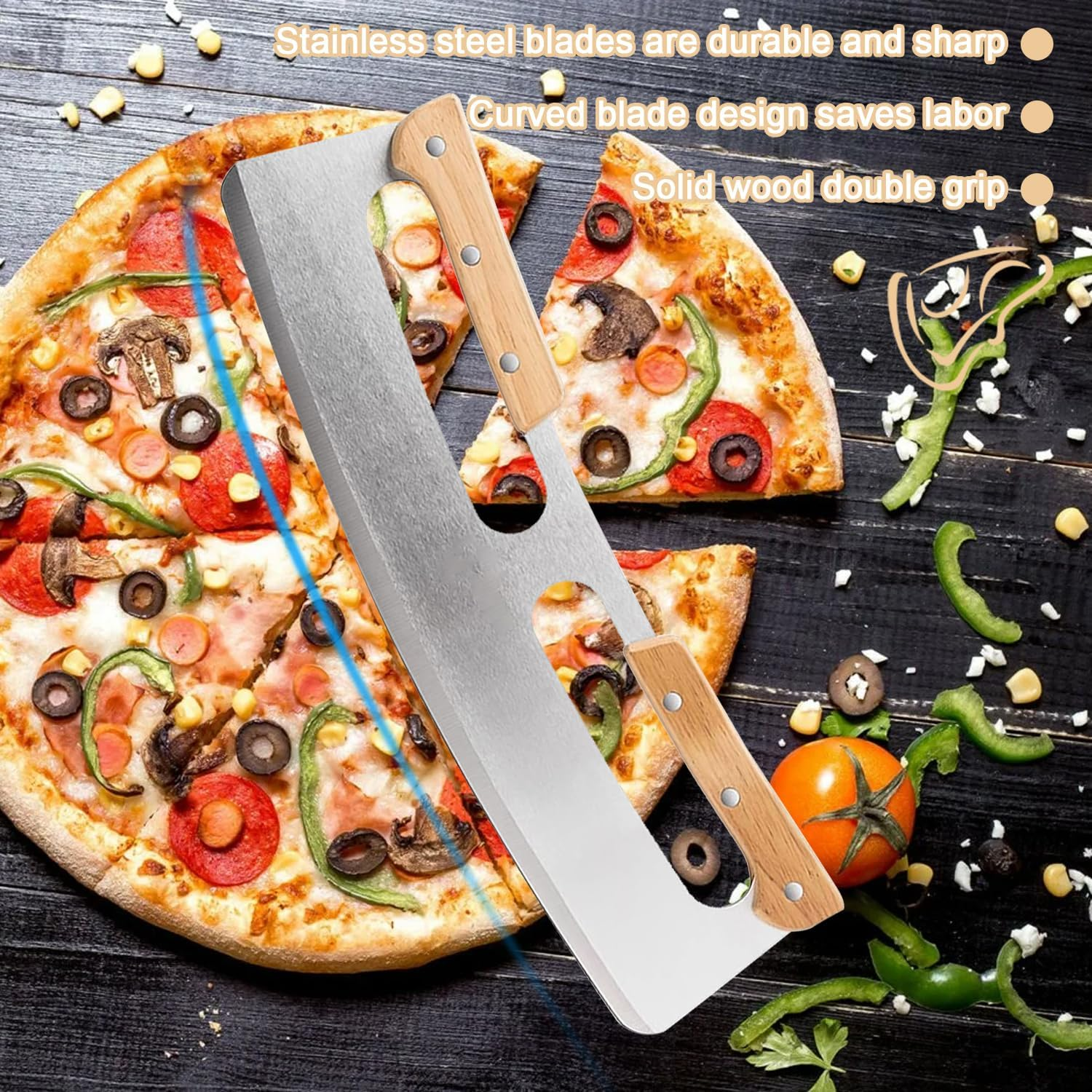 Pizza Cutter, Sharp Rocker Blade with Cover, Large Blade Solid Wood Double Grip Pizza Slicer, Long Stainless Steel Half round Bread Swing Knife, Big Pizza Knife Cutters for Kitchen Tool image number 1
