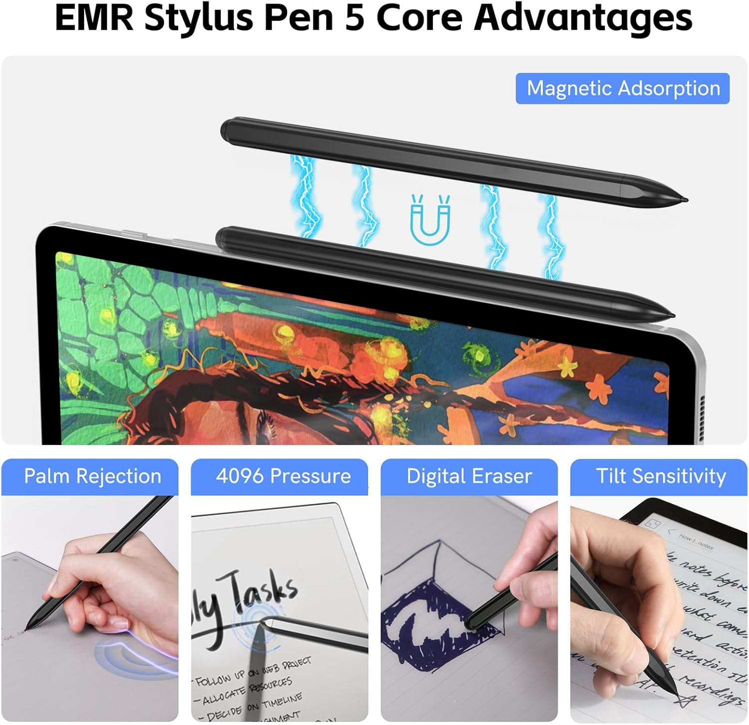 Remarkable 2 Pen, EMR Stylus Pen with Eraser, 4096 Pressure Level, Palm Rejection & Magnetic Adsorption, Compatible with Remarkable 2/1/Samsung Galaxy/Kindle Scribe/Boox image number 1