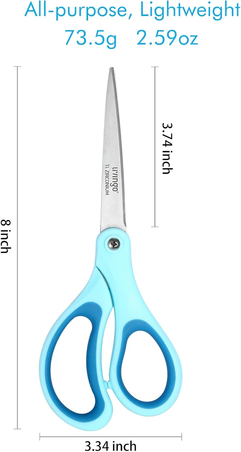 LIVINGO Scissors All Purpose - Titanium Coated Heavy Duty Sharp Stainless Steel Comfortable Shears for Office Home School Cutting Paper Fabric, Blue, White, and Brown, 3 Pieces image number 6