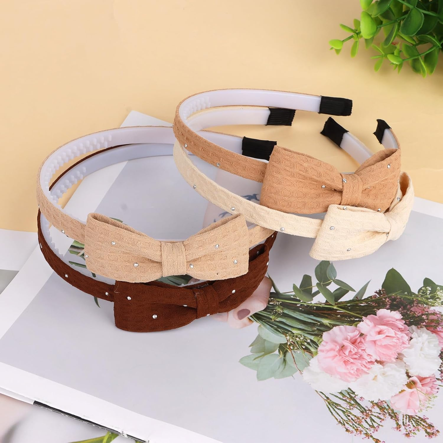 Bumlofa Set of 4 Fabric Bow Headbands, Rhinestone Decor & Texture Design for Headbands, Girls, Matching Hair Accessories for Parties & Everyday Looks, Elegant Headband image number 2