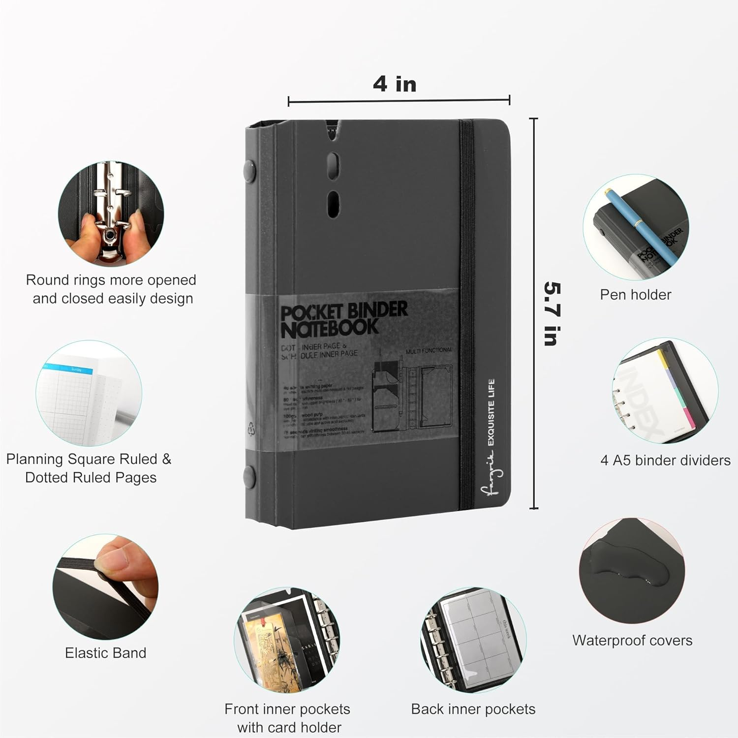 CAGIE A7 Small Binder Notebook with Removable Pages Hardcover Spiral Refillable Mini Binder Notebooks for Note Taking Pocket Notebook with Planning Square Ruled & Dotted Ruled Pages 4X5.7 Inch, Grey image number 2