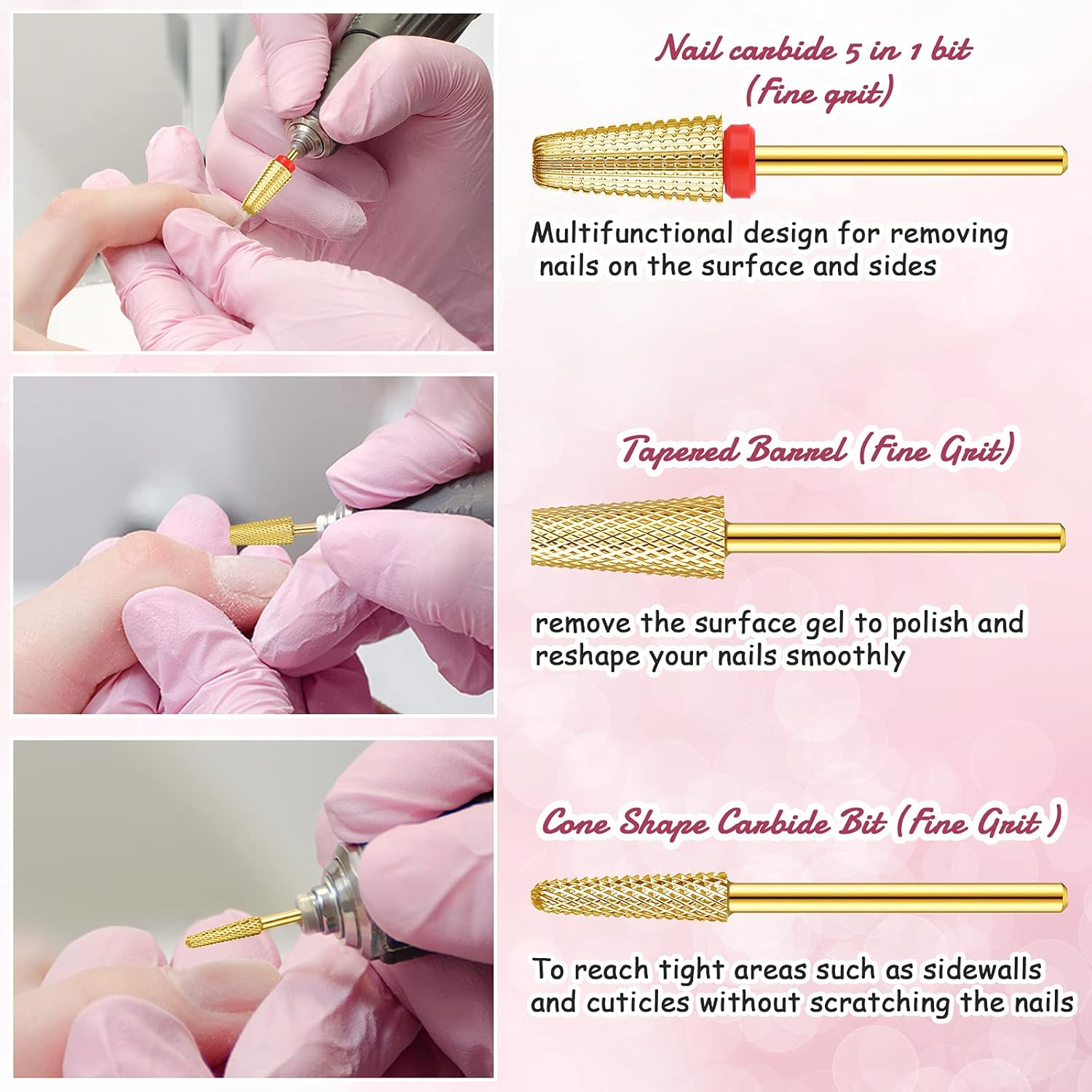 Outus 3 Pieces Nail Carbide 5 in 1 Bit Nail Drill Bits Set Tapered Barrel Carbide Nail Drill Bit, 3/32 Inches Cone Shape Carbide Bit Carbide Nail Drill Bits for Acrylic or Gel Remover (Golden) image number 3