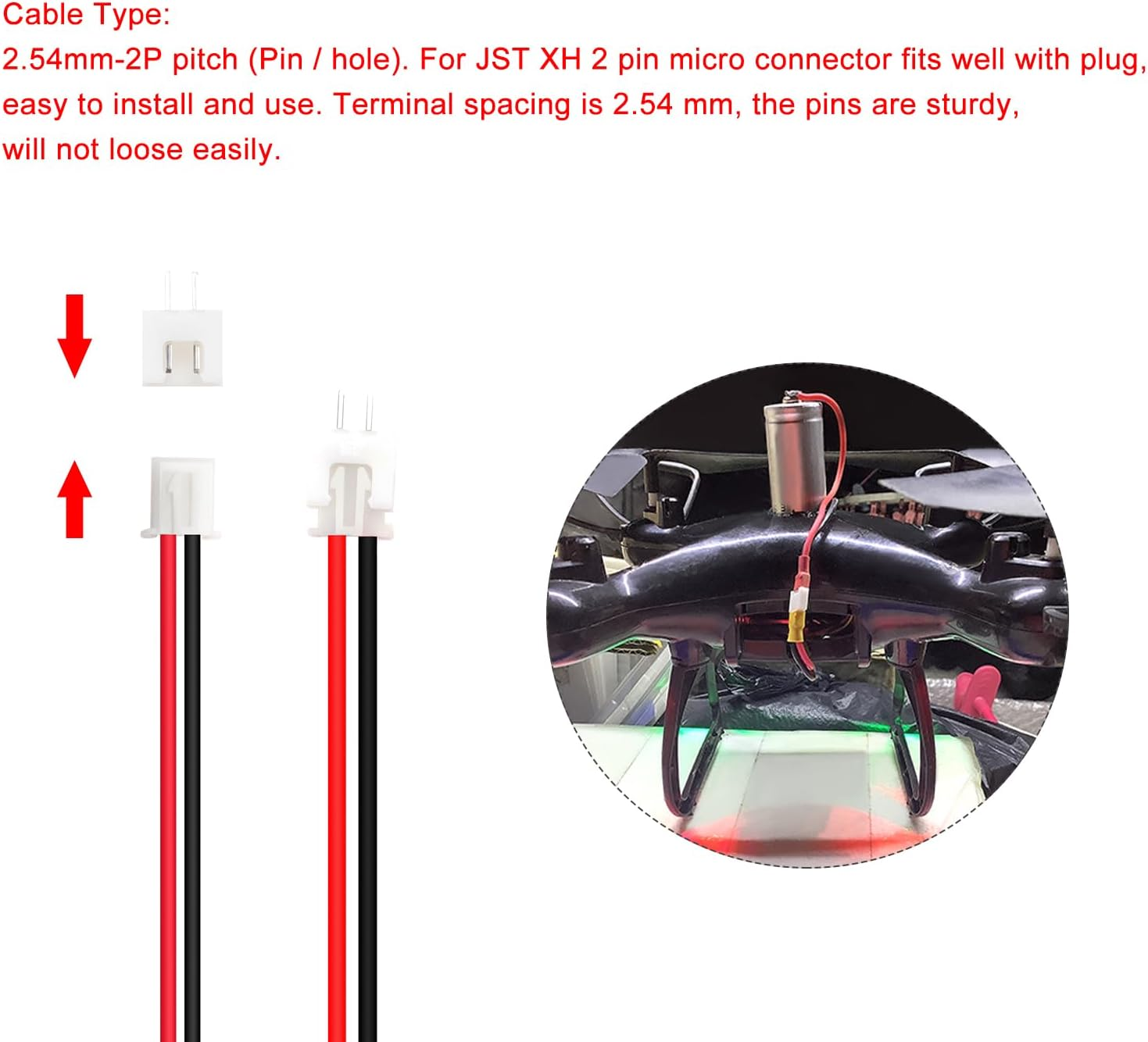 Lyeteung 50 Sets JST 2.54 XH 2 Pin Connectors, Mini Micro JST 2.54 Mm 2-Pin Male with 150 Mm 22AWG Cable & Female (Black Red) image number 3
