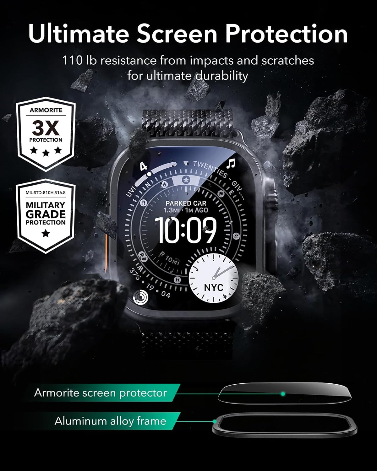 ESR 2 Pack Armorite Screen Protector for Apple Watch Ultra 3/2/1 (2025/2024/2023/2022,49 Mm), Military Grade Protection, Tempered Glass Film with Aluminum Alloy Frame, Anti-Scratch, Black - Titanium image number 4