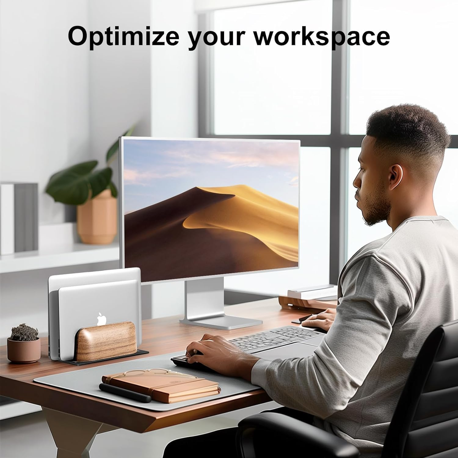 SHUOSUO Vertical Laptop Stand, Dual Slot Walnut Wood Laptop Holder for Desk, Natural Wooden & Aluminium Width Adjustable Dock for Macbook and Other Laptops image number 3